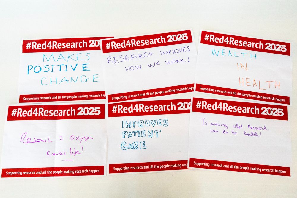 Multiple written quotes from people about research, e.g. 'It's amazing what research can do for health'
