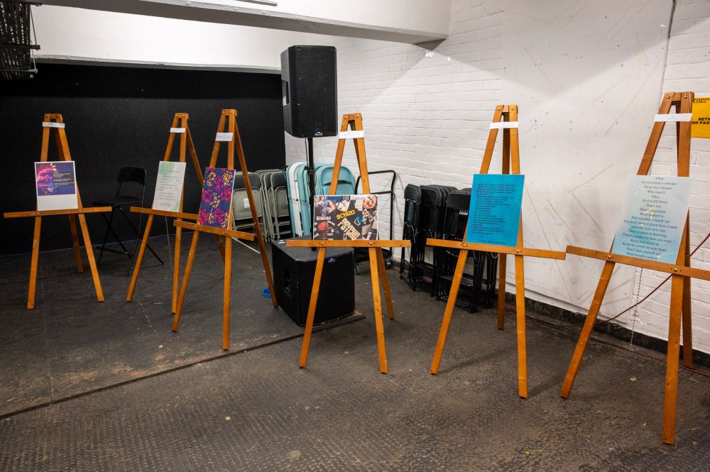 Easels displaying artwork