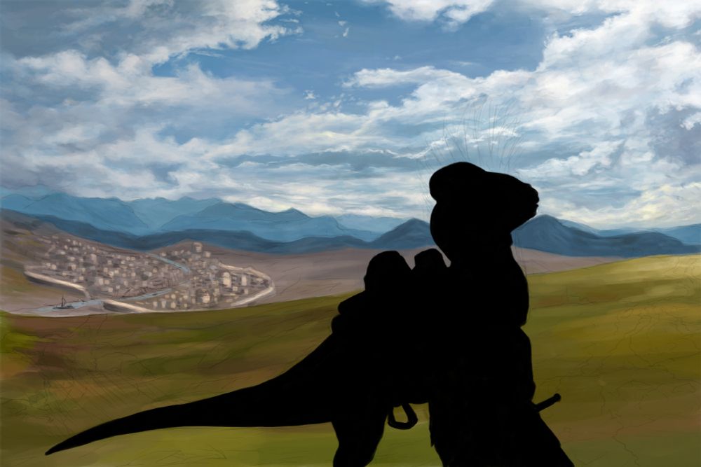 Work in progress of a painting depicting a haggard-looking man standing in front of/beside a somewhat aggressive bipedal feathered dinosaur with a saddle on its back. In the background is a dirt road, and, to the left, a city at the base of some mountains. The sky has been painted in and most of the background color has been blocked in. The two figures in the front are painted flat black. 