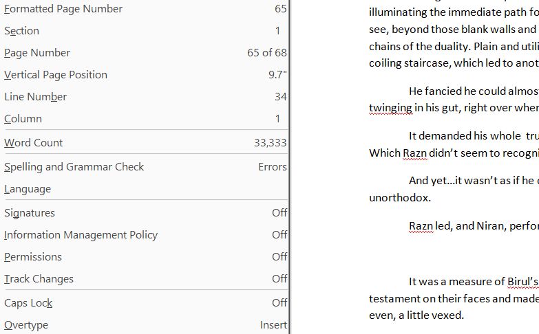 Screenshot of a Word document of a novel showing the word count at exactly 33,333 words.