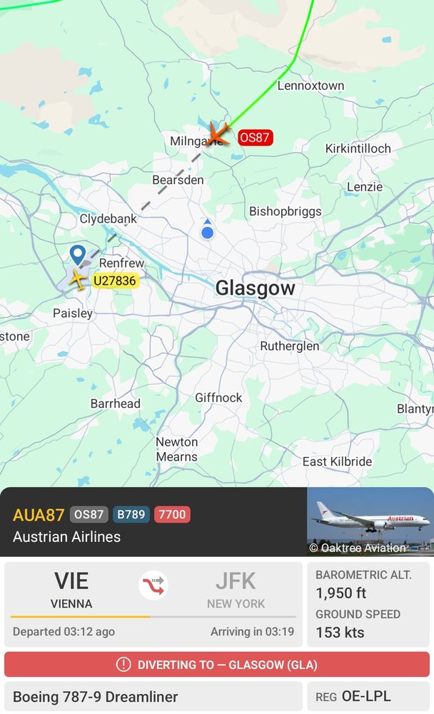 Screenshot of Flightradar24 app showing Austrian Airlines Vienna to New York diverting to Glasgow. 