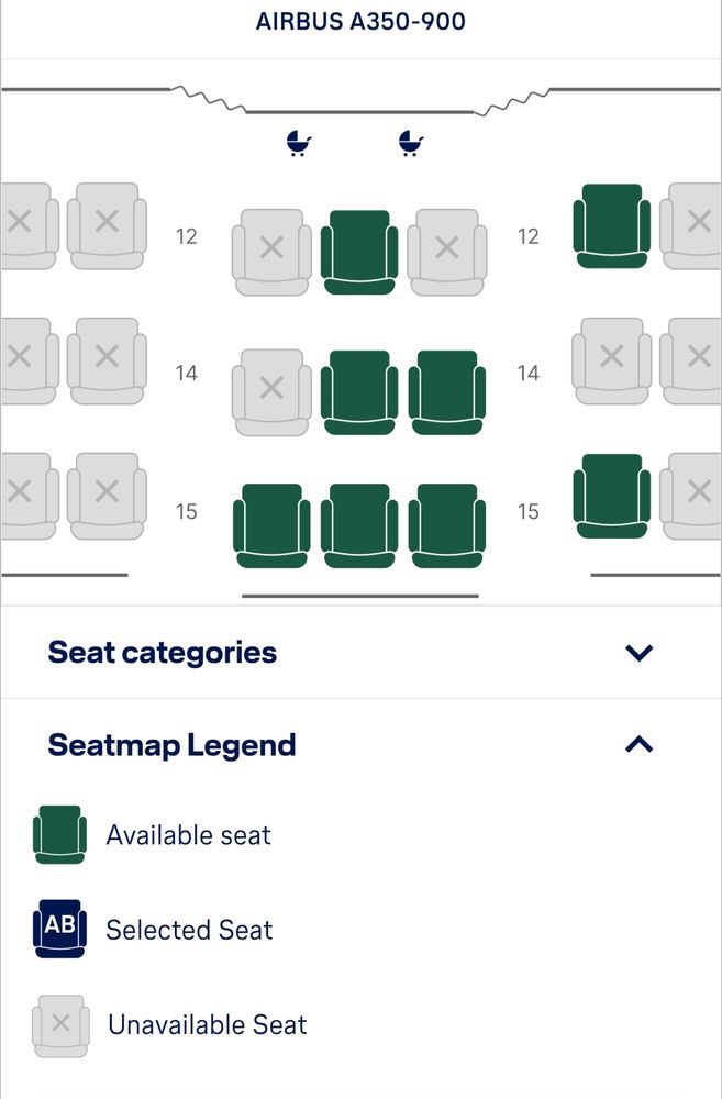 Screenshot of airline seat map with available seats. 