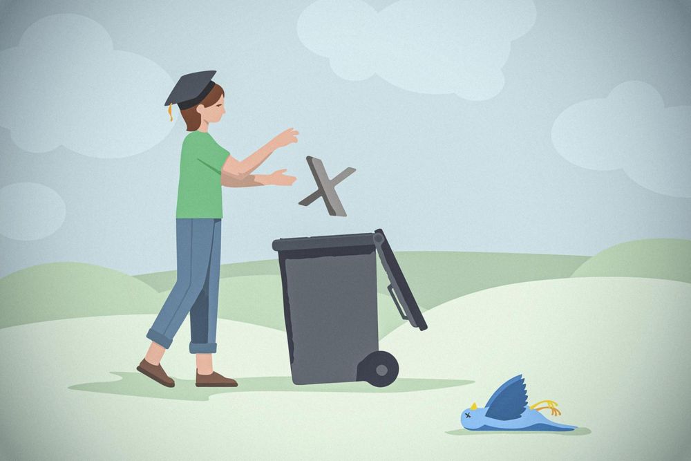 A digital illustration of a person wearing a graduation cap and green shirt, throwing a large "X" symbol into a trash bin. The setting is an outdoor landscape with rolling green hills and a cloudy sky. A blue bird with crossed-out eyes lies lifeless on the ground, symbolizing the decline of Twitter. The image conveys a message of moving on from X (formerly Twitter), possibly toward alternative platforms.
