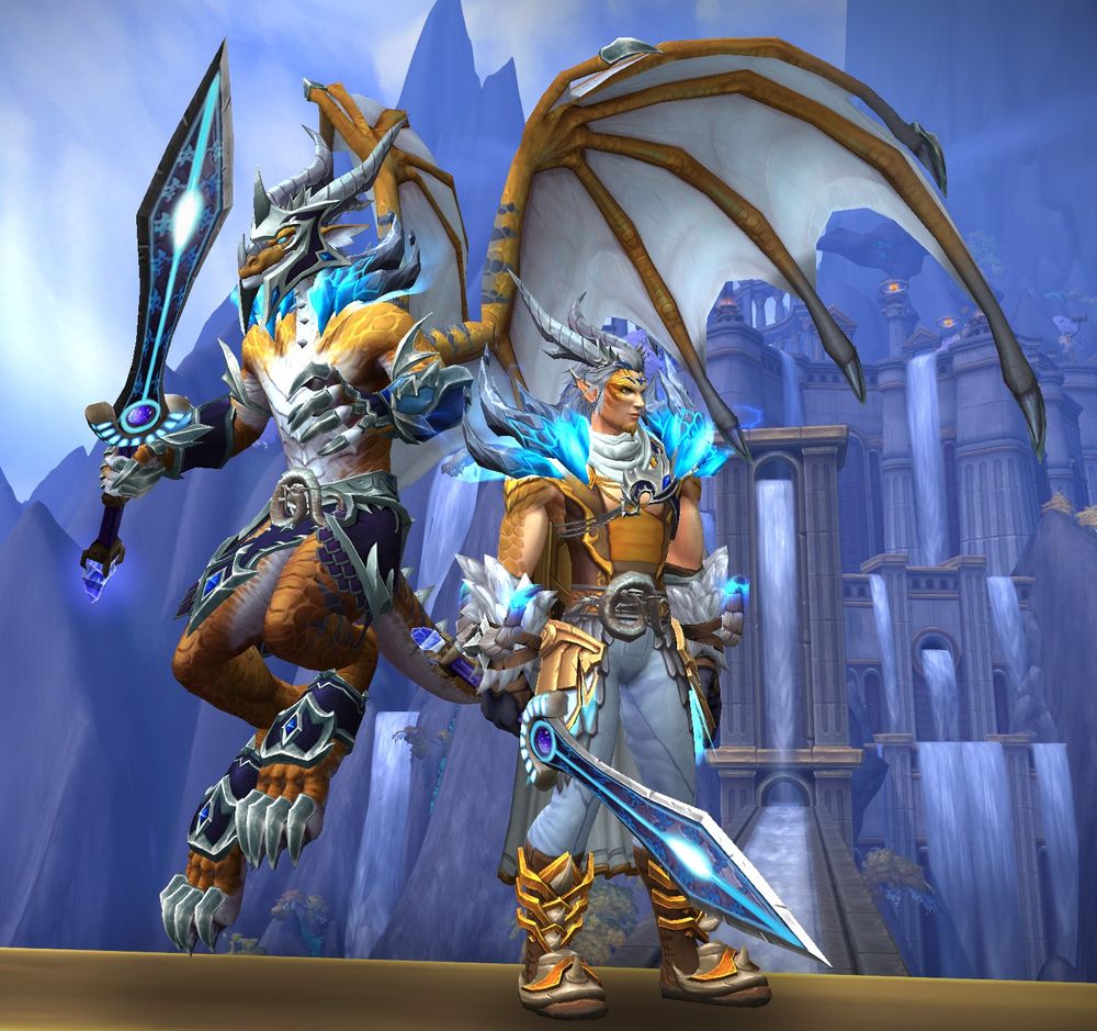 A World of Warcraft screenshot where a Dracthyr character with a gold, white and blue color scheme is posing in both draconic and humanoid forms in front of Tyrhold.