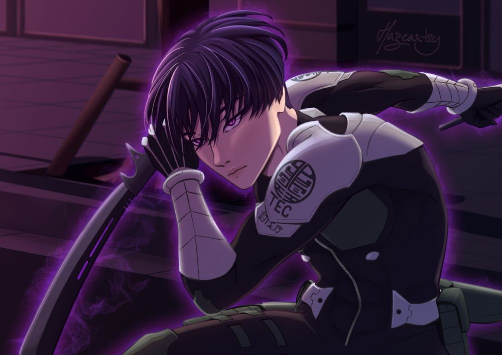 Face close up of fanart of Kaiju number 8 character Soshiro Hoshina in a fighting pose, holding a blade in both hands. He's wearing his defense force gear and outfit. A purple glowing halo surrounds him. The background is a dimly lit street at night, with orange - pinkish light and blue - purple shadows