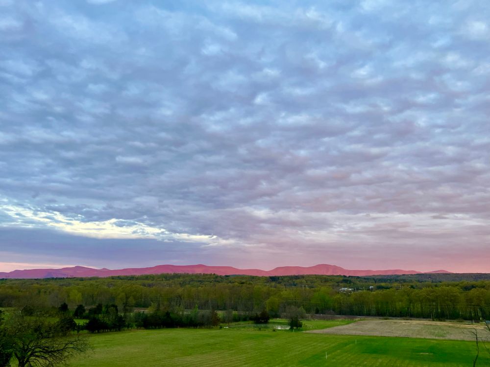 Green farm fields, pink tinted mountains and a big cloudy sky