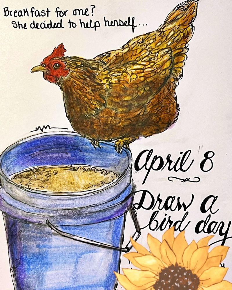 A watercolor and ink sketch of a red hen perching on a blue feed bucket