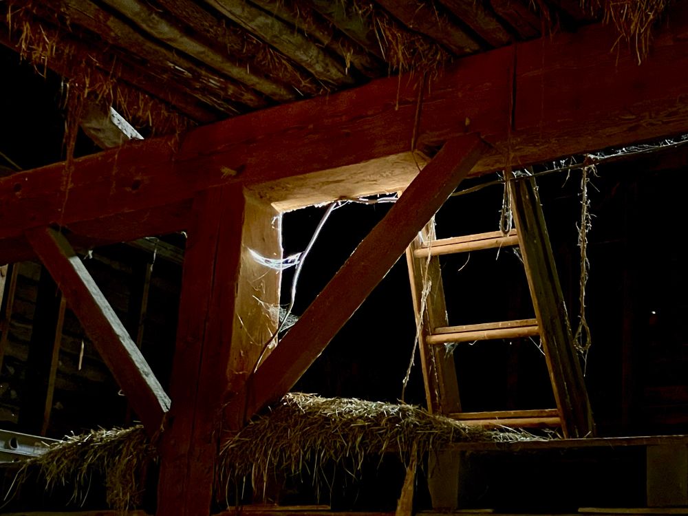 Sunlight highlights the old beams and cobwebs in an empty hay mow of an old Dutch barn 
