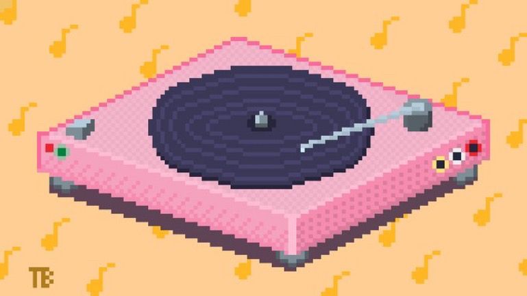 Pink record player on a yellow background with darker yellow music notes as a pattern. On the side there are green and red light buttons and and RCA input.
