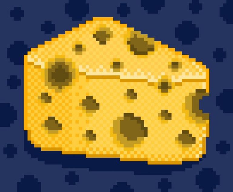A triangular piece of swiss cheese on a blue background with darker blue polka dots.