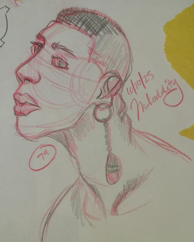 Portrait of a young man with a large earring drawn in pencil