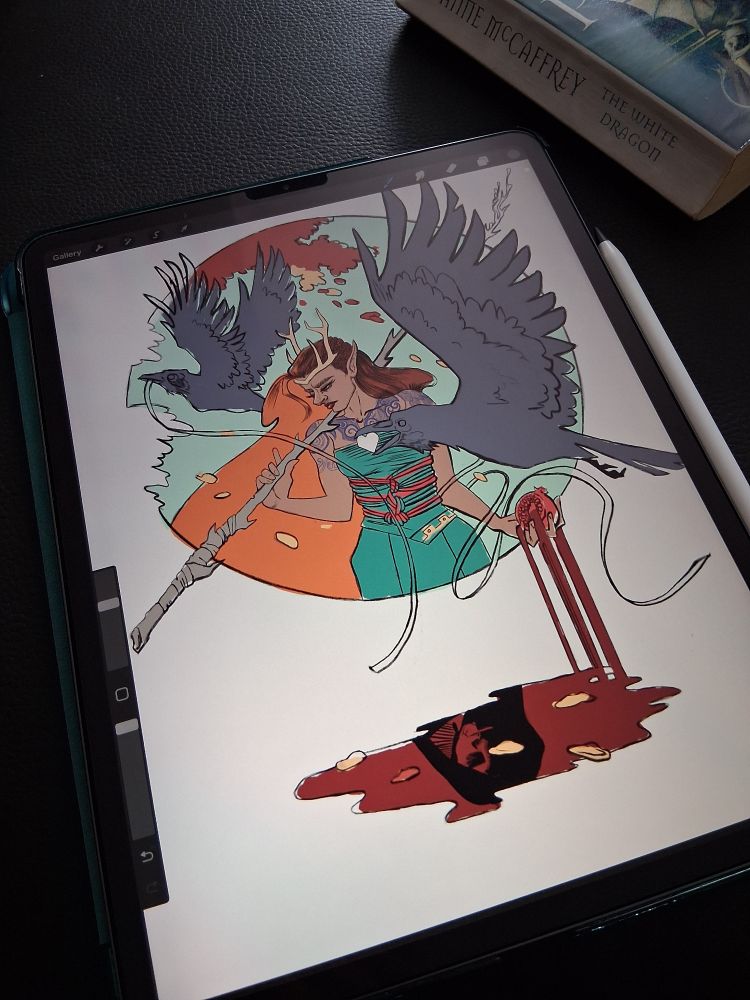 Photo of an iPad with a drawing of a red haired woman surrounded by ravens flying away.