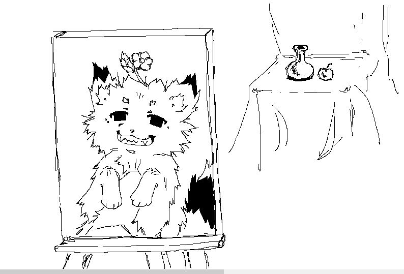 instead of painting a still life consisting of a jug and an apple that stand in the background, the canvas depicts a smiling fox with a flower from its head.