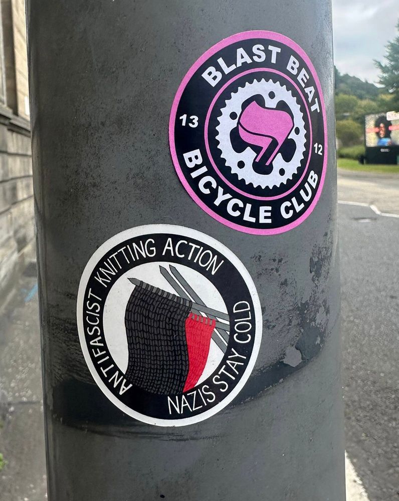 blast beats bicycle club sticker and anti fascist knitting action sticker which reads “Nazis stay cold”