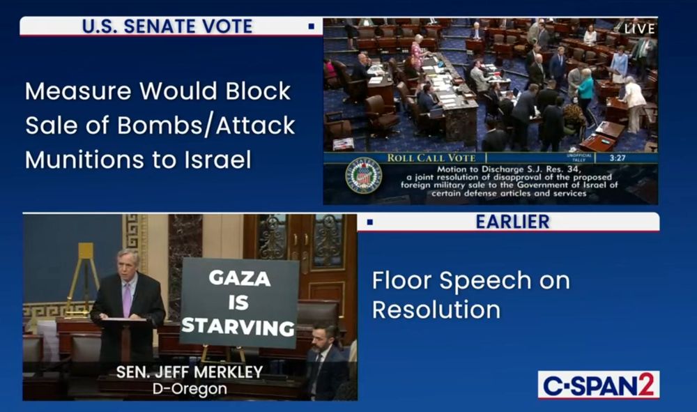 C-Span screenshot of Senate vote: "Measure Would Block Sale of Bombs/Attack Munitions to Israel"