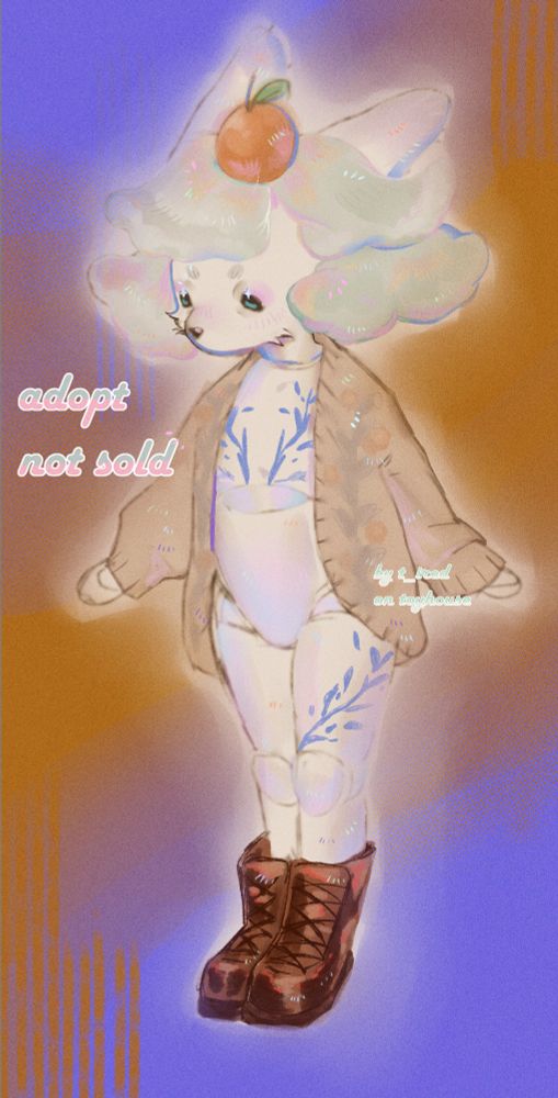 a smol porcelain cat wearing a smol coat, with boots and a tangerine on their head! They're made on pastel colors with irisdescent effects!