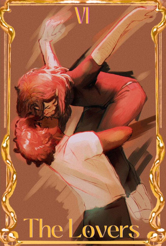 a character is holding the other on their arms, as the one being held lifts their arms in the air. It's written 'The Lovers', as a reference to a tarot card