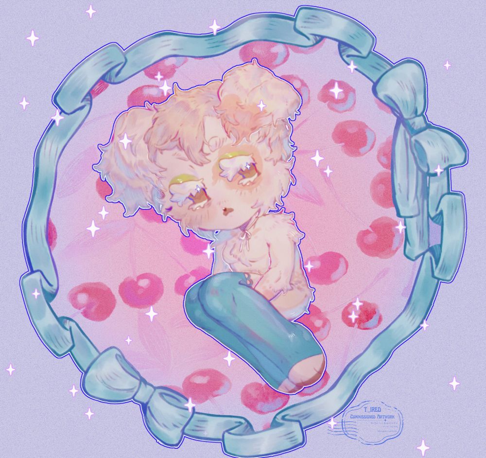 a chibi of a puppy looking melancolic at the viewer, surronded by a blue bow and cherries, on a lilac background!