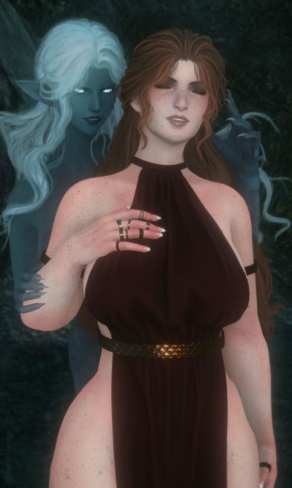 Hikari rests her head back in pleasure as her mysterious wraith whispers wicked nothings into her ear. Her barely tangible fingers interacting with Hikari's hair. 