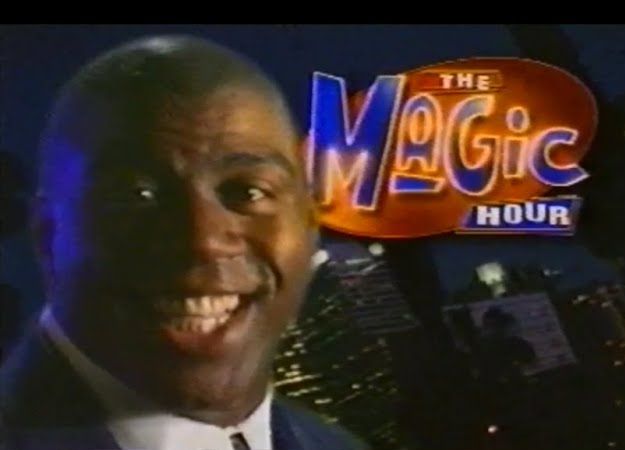 Picture of Earvin "Magic" Johnson with the logo of his late-night talk show, "The Magic Hour."

"The Magic Hour" lasted just 44 episodes in summer 1998.