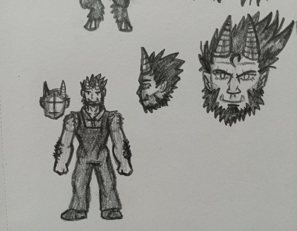 Old Human form of "Beast, the hero." Small full body drawing and head close-up.