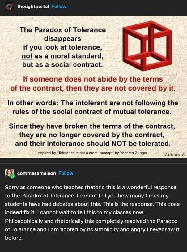 The Paradox of Tolerance disappears if you look at tolerance, not as a moral standard,  but as a social contract. If someone does not abide by the terms of the contract, then they are not covered by it. In other words: the intolerant are not following the rules of the social contract of mutual tolerance. Since they have broken the terms of the contract, they are no longer covered by the contract and their intolerance should NOT be tolerated. 

A response by Commasamelon:
Sorry as someone who teaches rhetoric this is a wonderful response to the Paradox of Tolerance. I cannot tell you how many times my students have debated about this. This is the response. This does indeed fix it. I cannot wait to tell my classes about this now. Philosophically and rhetorically this resolved the Paradox of Tolerance and I am floored by the simplicity and angry I never saw it before.