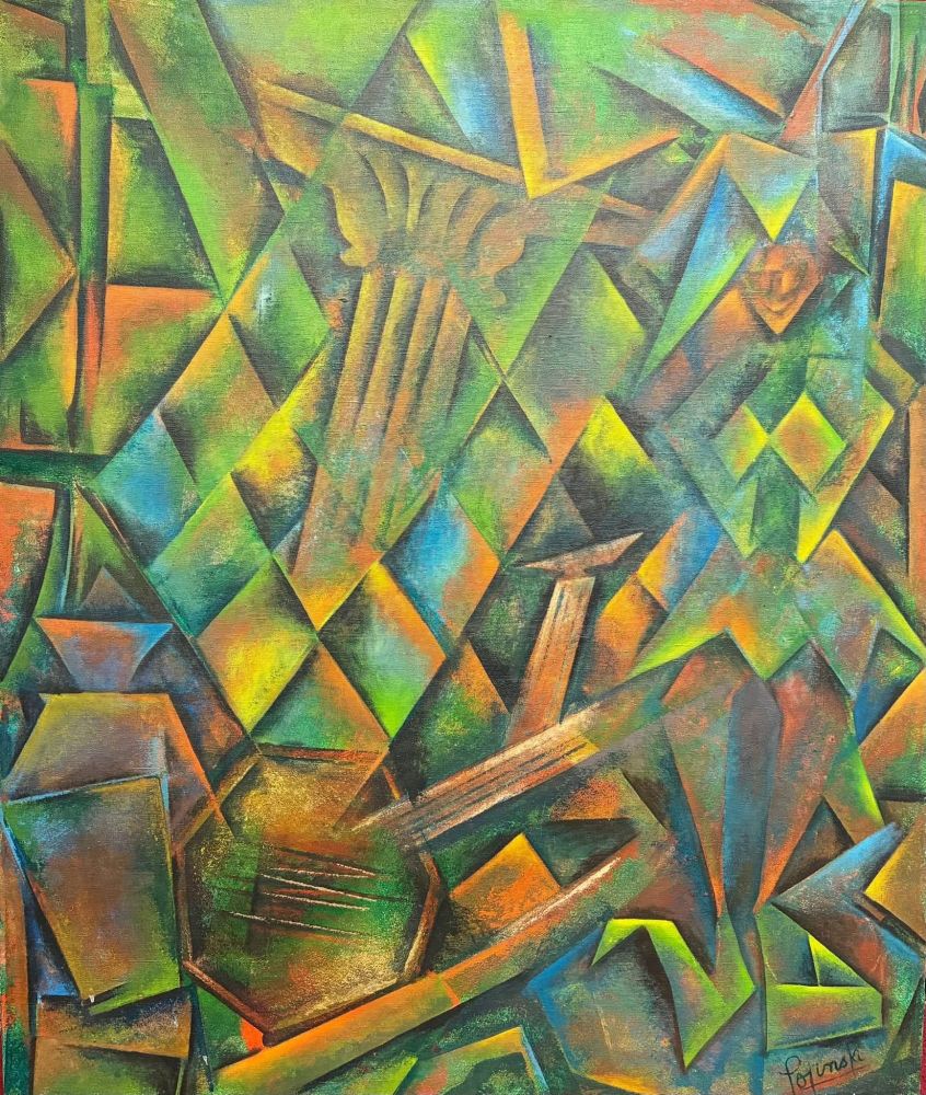 An abstract painting, somewhat cubist, predominantly green orange blue and black. Very geometric, with one section that looks like a classic architectural column. 
