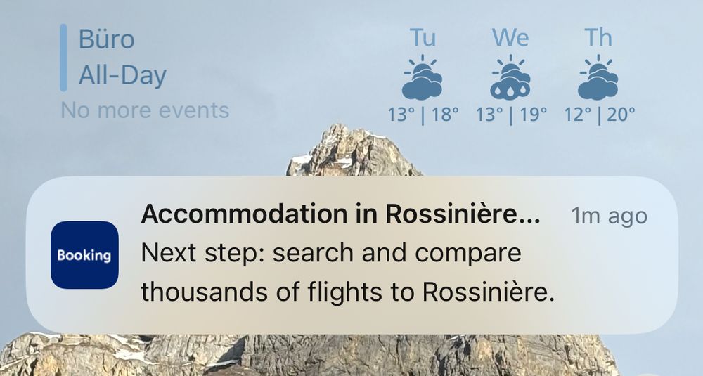 A push message from Booking.com after booking an accommodation, saying: Accommodation in Rossinière...

Next step: search and compare thousands of flights to Rossinière.