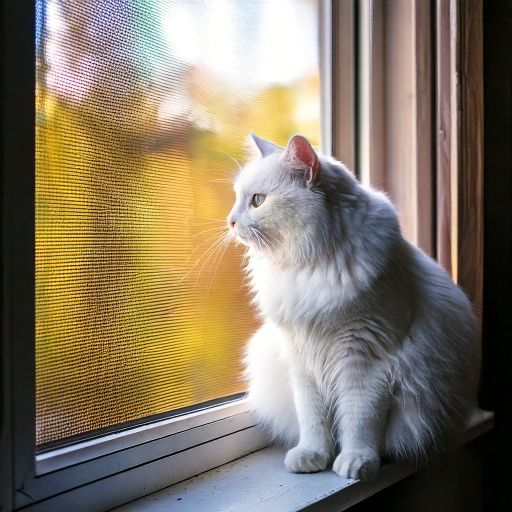Subject: A white long-haired cat with soft, fluffy fur.

Acting: The cat sits on an open windowsill with a fine mesh screen, eyes half-closed, gently sniffing the fresh spring air. It appears content and relaxed, soaking in the warmth of the day.

Style: Natural and realistic, with fine details in the cat’s fur. The image has a soft, warm color palette, with natural sunlight casting a gentle glow on the scene.

Place: A suburban Calgary backyard, south-facing, featuring a small patch of green grass, a detached garage, and two empty cedar planters waiting for the year’s garden.

Time of Day: Early afternoon in April, with clear skies and bright sunlight casting soft shadows.

Photographic Equipment: A high-resolution DSLR camera with a 50mm f/1.8 lens, creating a shallow depth of field that keeps the cat in sharp focus while slightly blurring the background. Natural lighting enhances the softness and warmth of the image.