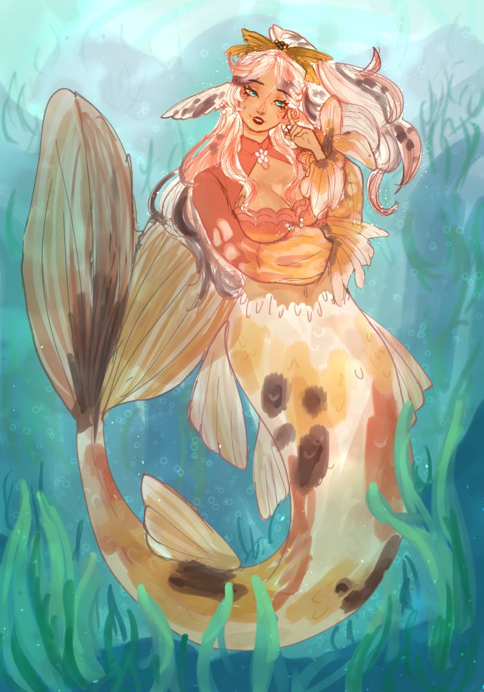 illustration of a koi fish mermaid underwater, she is looking at the camera and smiling, predominant colors are orange, brown, and white 