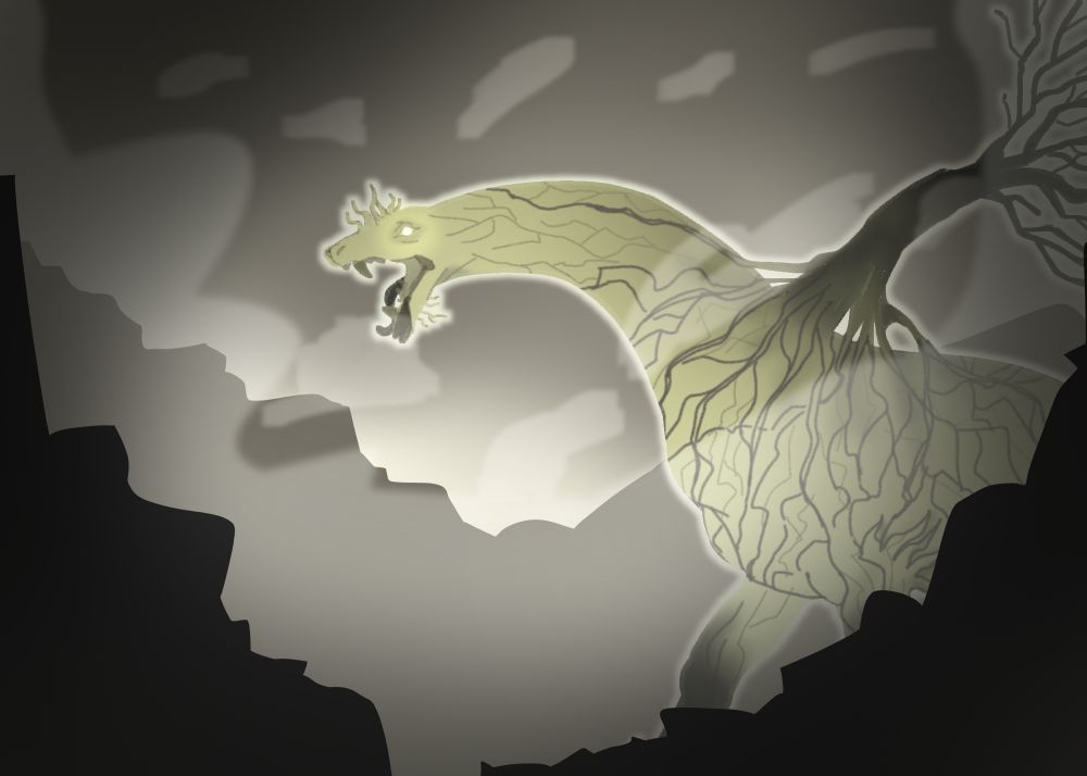 illustration of an elden ring fan character boss, color scheme is primarily desaturated yellows and greys