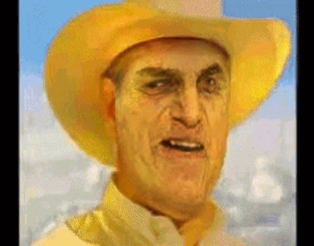 a pixelated image of a man wearing a yellow hat