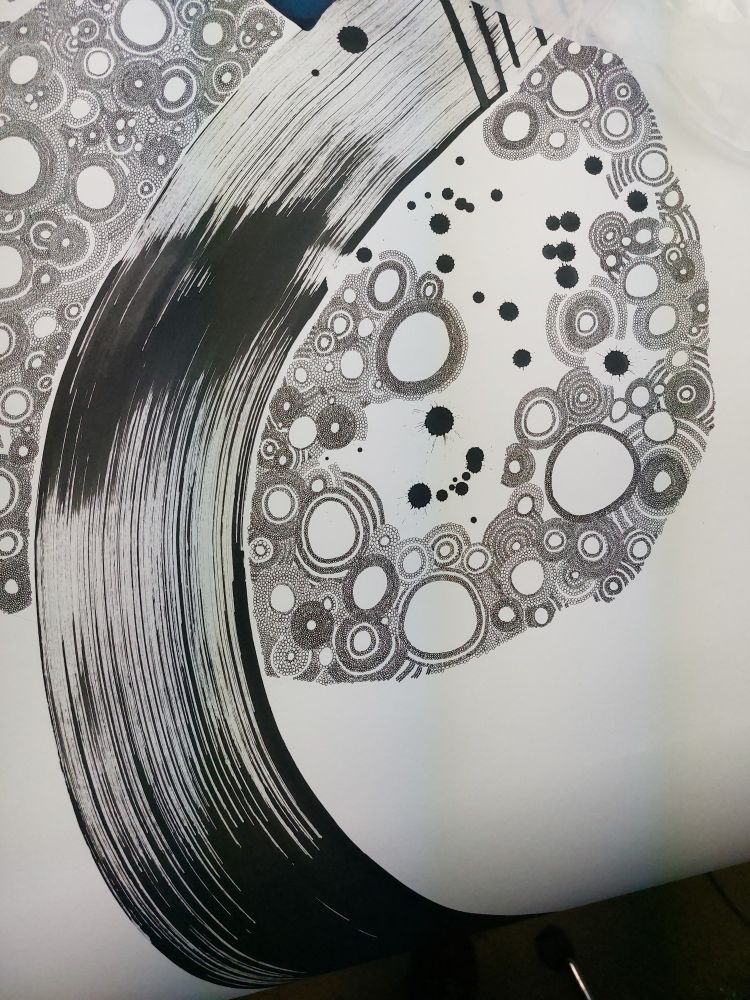 Detail of a drawing by Leith Semmens.  Featuring about 30 centimetre square.  This 6-metre drawing comprises millions of hand-drawn circles, less than a millimetre each. Hand drawn ink on white paper.

