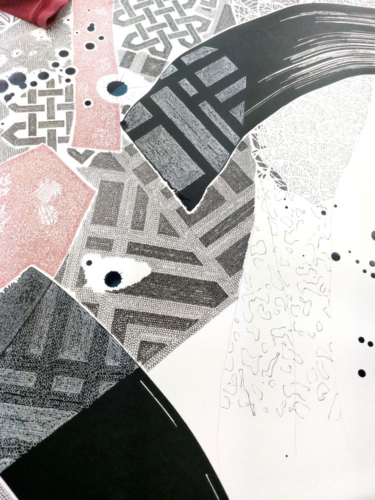 The paper is 10m long but shows about 1.5m spare.  Drawing uses Rotring engineering pens.  Thousands of hand-drawn circles are shown, less than a millimetre in diameter, creating black and red patterns.
