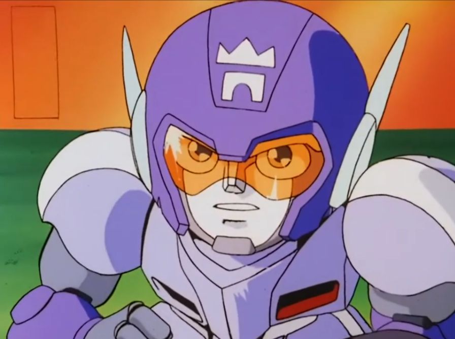 Screenshot from Iron Leaguer episode 46 of one of the purple silver castle players in the outfield looking focused and ready with his orange visor down. 
