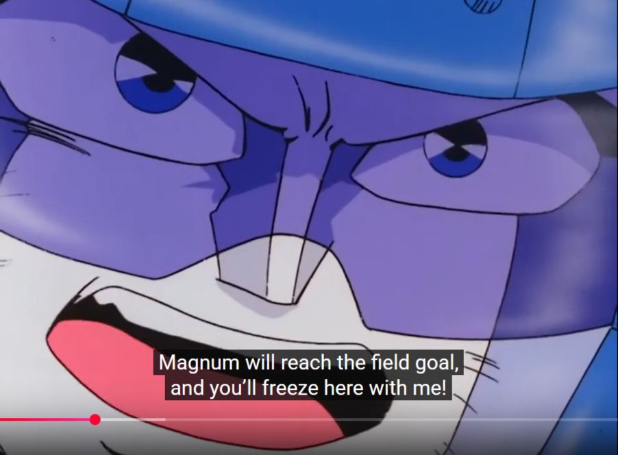 Screenshot from Iron Leaguer episode 40 of GZ freezing the wetlands and all of the Wishbone Leaguers along with it, subtitled "Magnum will reach the field goal, and you'll freeze here with me!" 