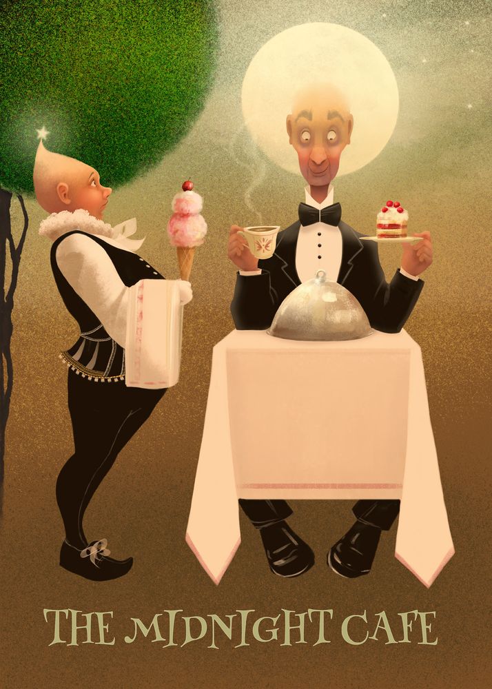 "The Midnight Cafe"
Whimsical painting of the moon at dinner.