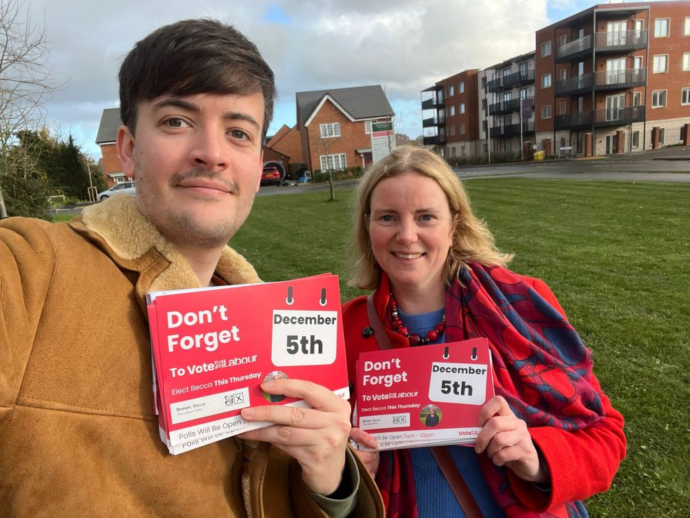 Will Cross and Rachel Eden campaigning in Shinfield