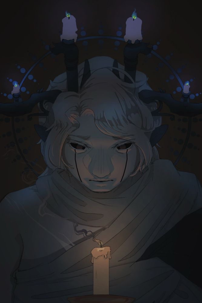 Artfight attack for kriskross. A character with light gray skin and hair, black eyes and lines coming down from eyes, and candelabra horns with blue-glowing candles looking down at a regular candle.