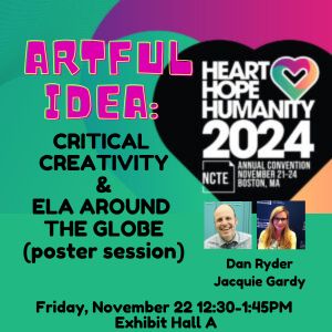 Graphic showing where a poster presentation “artful idea; ELA around the globe (poster session)” will be. Nov 22 at NCTE exhibit hall A 12:30-1:45pm 