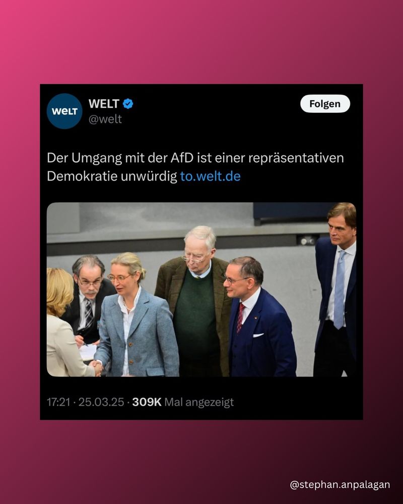 Tweet der „Welt“: Der Umgang mit der AfD ist einer repräsentativen Demokratie unwürdig.