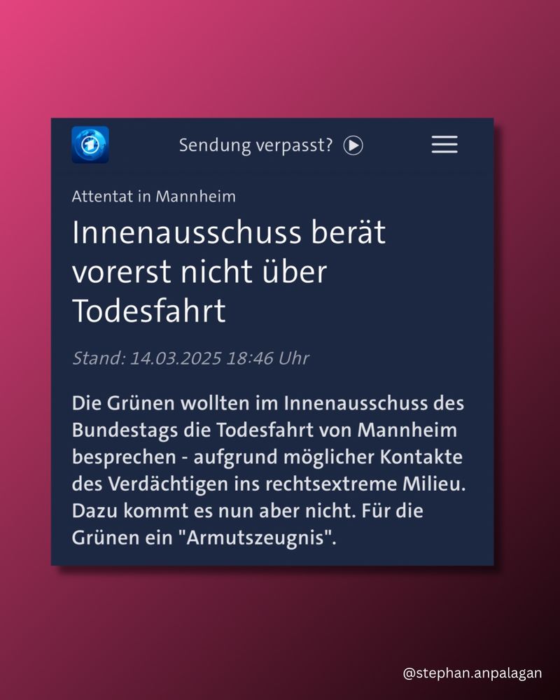 Attentat in Mannheim. Innenausschuss berat vorerst nicht über Todesfahrt. Die Grünen wollten im Innenausschuss des Bundestags die Todesfahrt von Mannheim besprechen - aufgrund möglicher Kontakte des Verdächtigen ins rechtsextreme Milieu. Dazu kommt es nun aber nicht. Für die Grünen ein "Armutszeugnis".