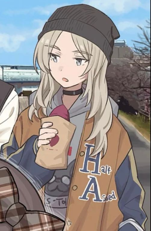 Momoka’s fit, with a jacket that says “Half Assed” across the front