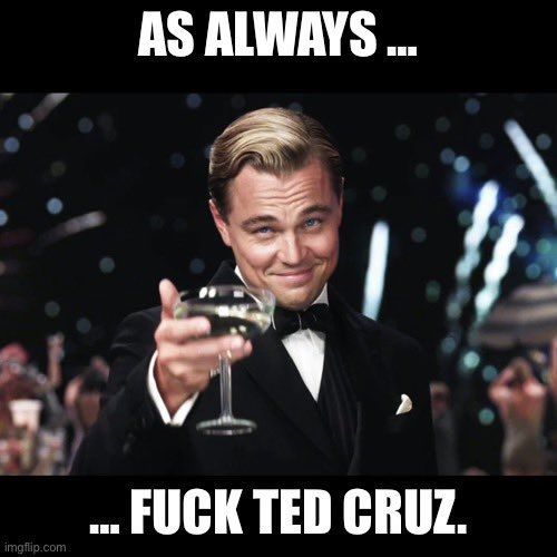 Leonardo Dicaprio raising a glass of champagne in toast. Words above the photo say, 