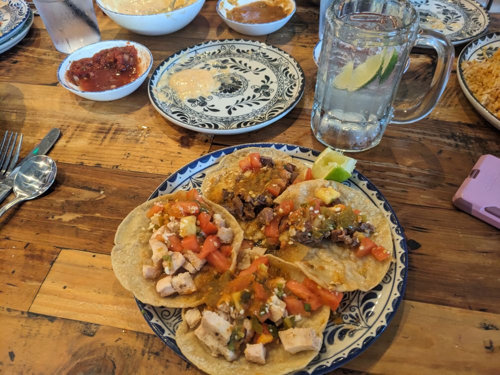 Blue Goose Cantina  - Aug 7, 2025
My dinner was the Hatch green chile street tacos. Two beef and two chicken tacos. I also had two margs, green chile sauce, spicy salsa and queso with green chilies... I may need to lie down for a minute... urp. 'Scuse me.
