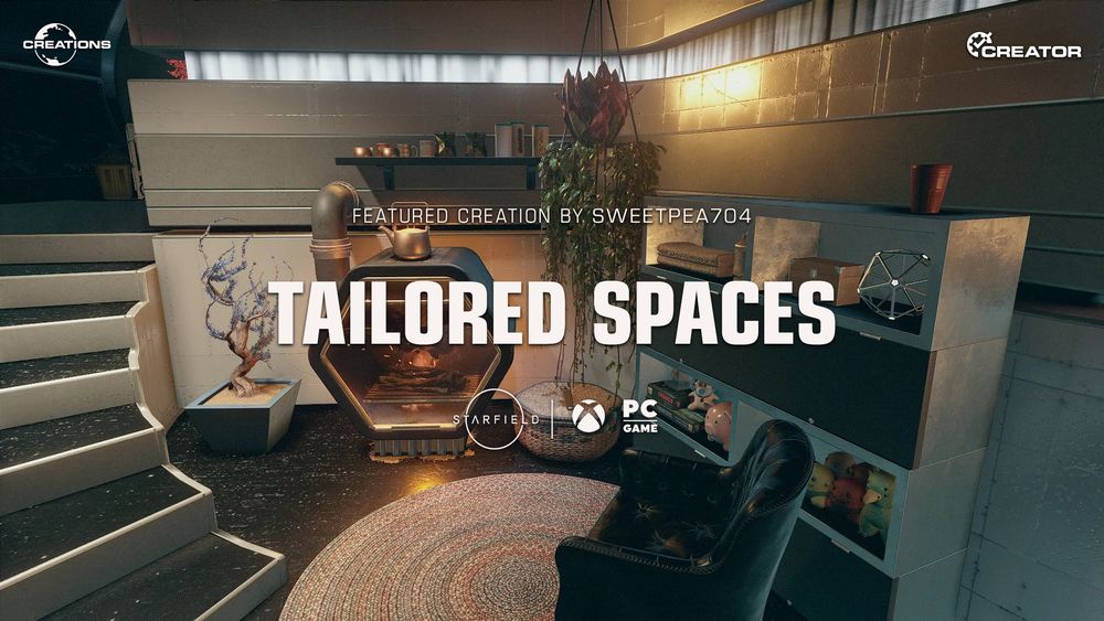 A photo in Starfield of a fully-furnished room in an Outpost with the text:

Featured Creation by Sweetpea704
Tailored Spaces