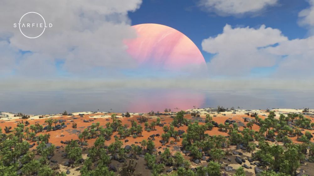 A photo from Starfield of a vibrant landscape at daytime with a planet in visible through the clouds in the sky