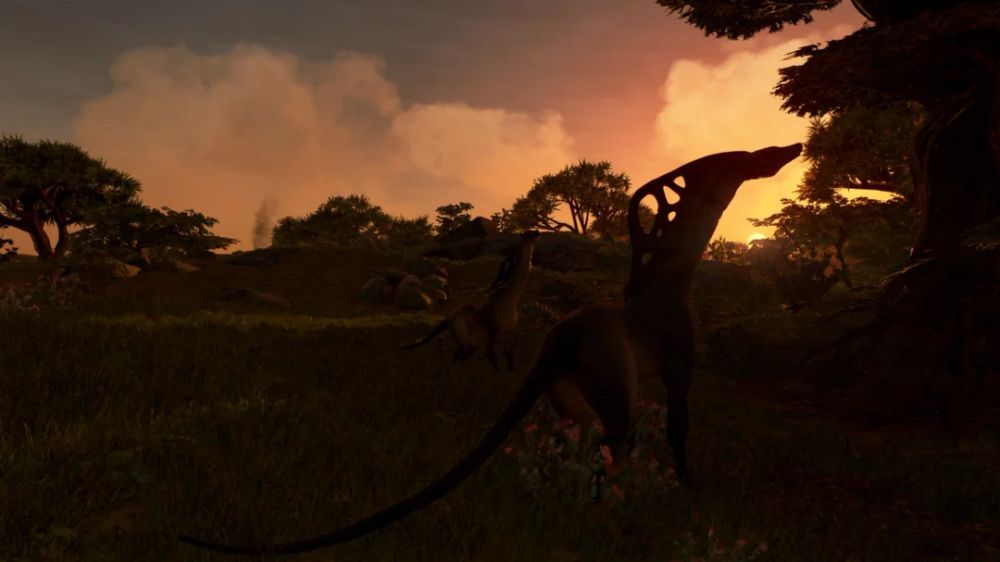 A photo from Starfield of creatures silhouetted against the setting sun on a planet's surface
