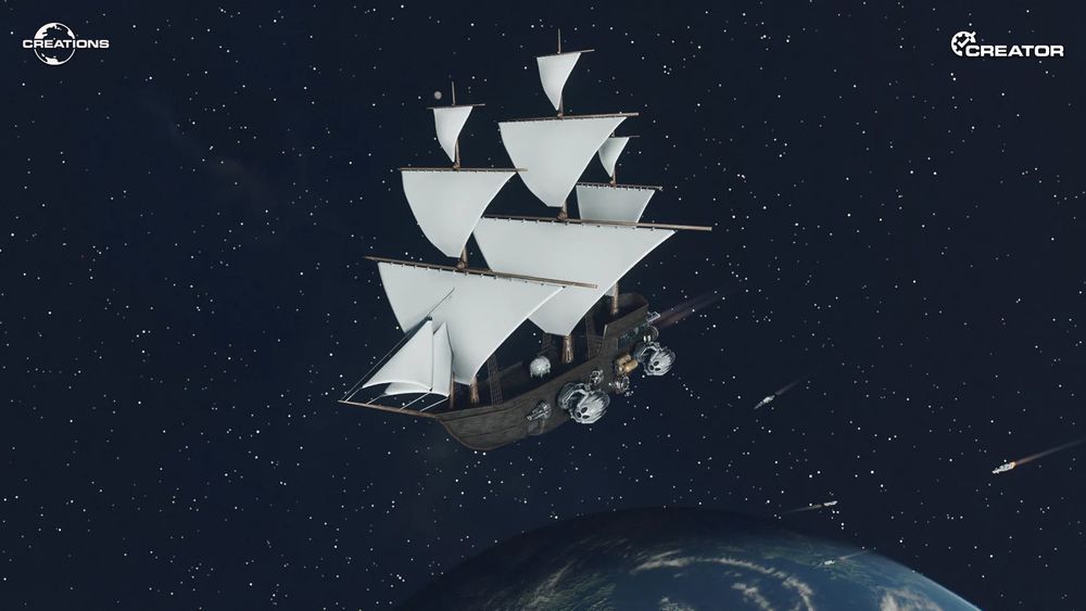 A photo in Starfield of an 18th century style ship in space with white sails