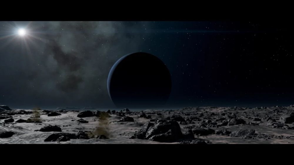 A photo from Starfield of a rocky landscape at night with a moon visible in the sky, lit on the left side